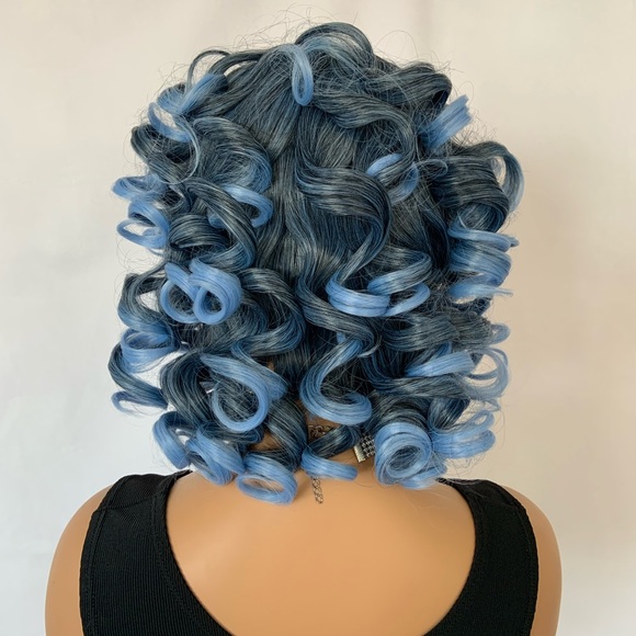 Curly Black & Pale Blue “Put On & Go” Premium Fiber Wig for Daily Wear or Events - Picture 8 of 9
